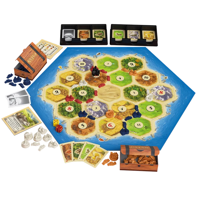 Catan — overzicht van het spelbord en de onderdelen