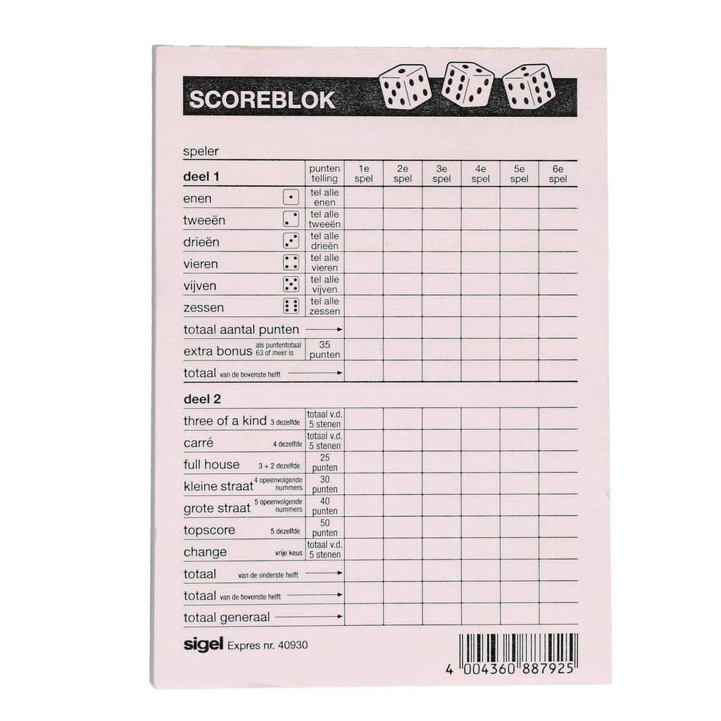 Yahtzee Scoreblok (100 vellen)